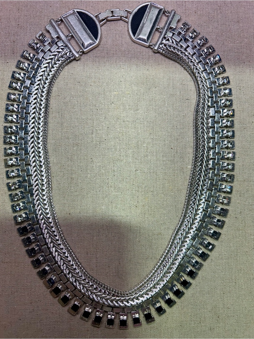 Stella & Dot silver Electra statement necklace with black, gray and clear stones